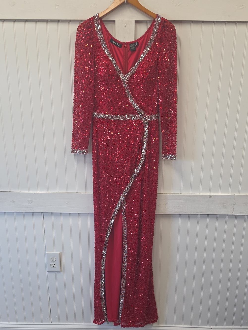 Aleta NWT Red Sequin Faux Wrap Silver Dress Slit Maxi Gown Dress Size 10 #6787